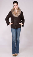Brown shearling jacket with crystal dyed fox shawl collar - Item # SH0125