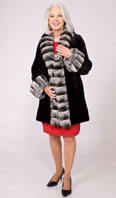 Black sheared mink stroller with natural chinchilla cross-cut collar/ tuxedo/turn back cuffs - Item # SM0109